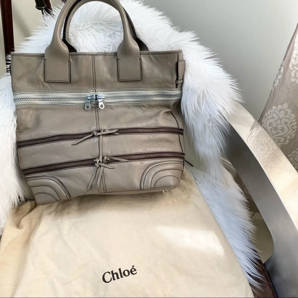Chloe Taupe Gladys Leather Multi Zippers Tote Bag - Picture 3 of 11